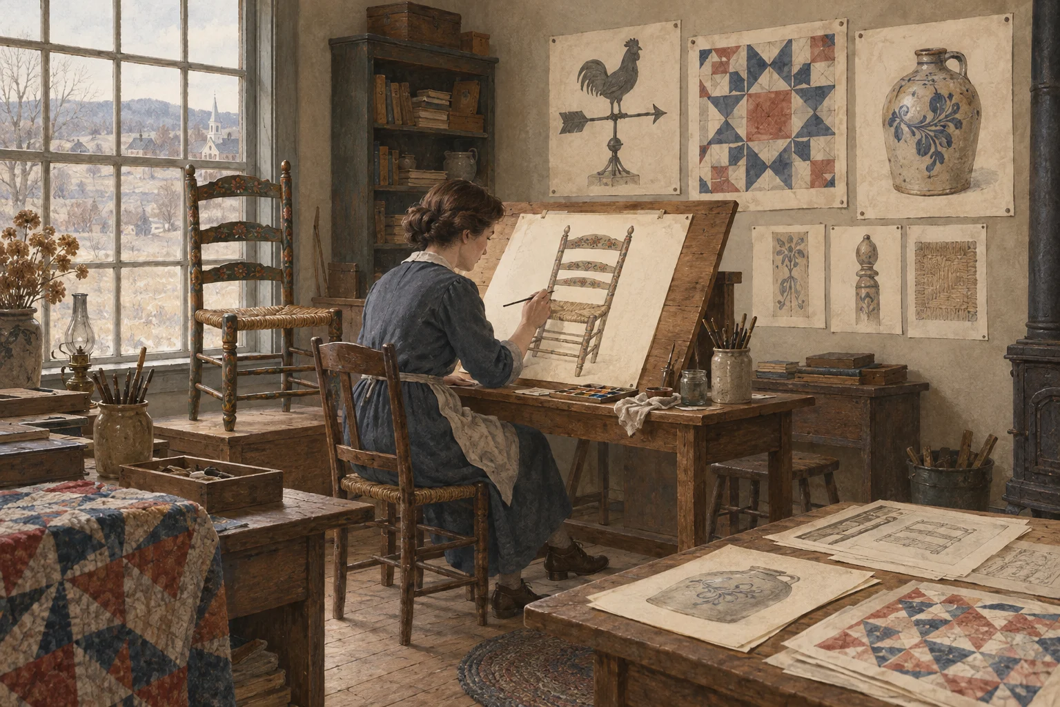An interpretive watercolor scene of a 1930s artist documenting a decorated chair among studies of quilts, pottery, and a weather vane
